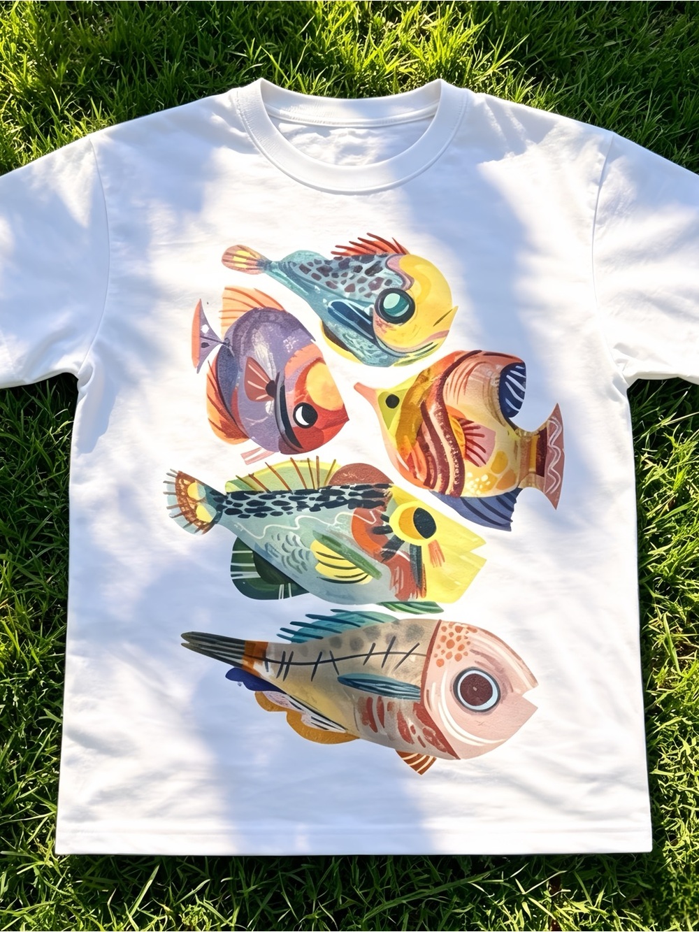 Cute colorful fish pattern T-shirt, white, unisex.